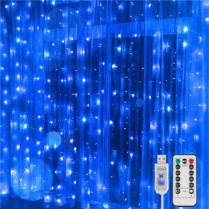 Blue Curtain Fairy String Lights 200 LED USB Remote Wedding Wall Bedroom Decor